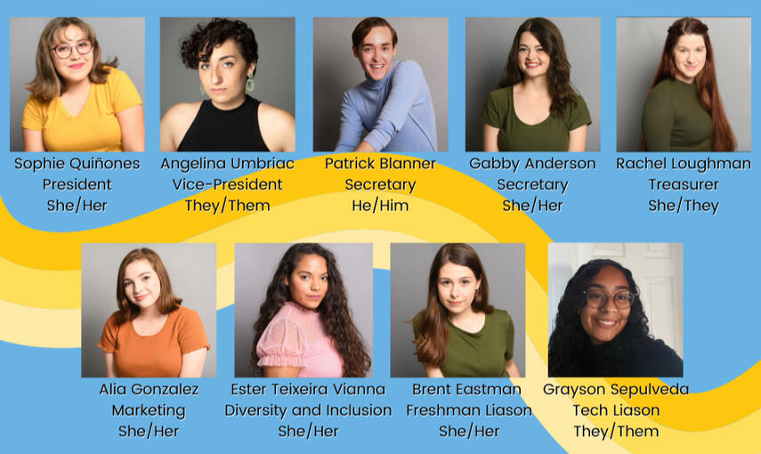 This image shows the members of the E-Board with their pronouns.